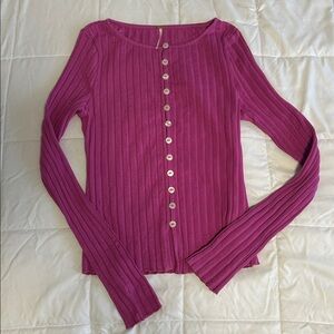 Pink Button Down Free People Cardigan / Shirt with Ribbed Detail and boat neck